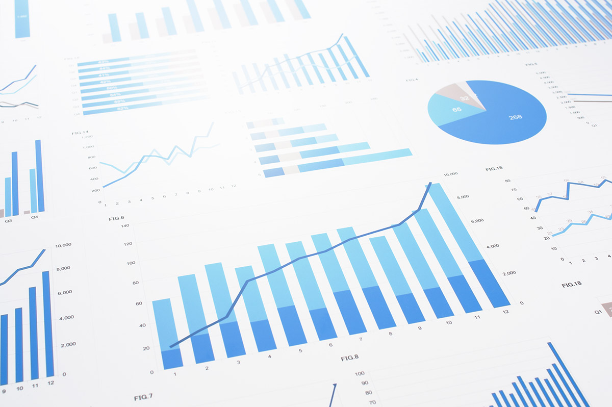 A series of pie charts and bar graphs on a white background.