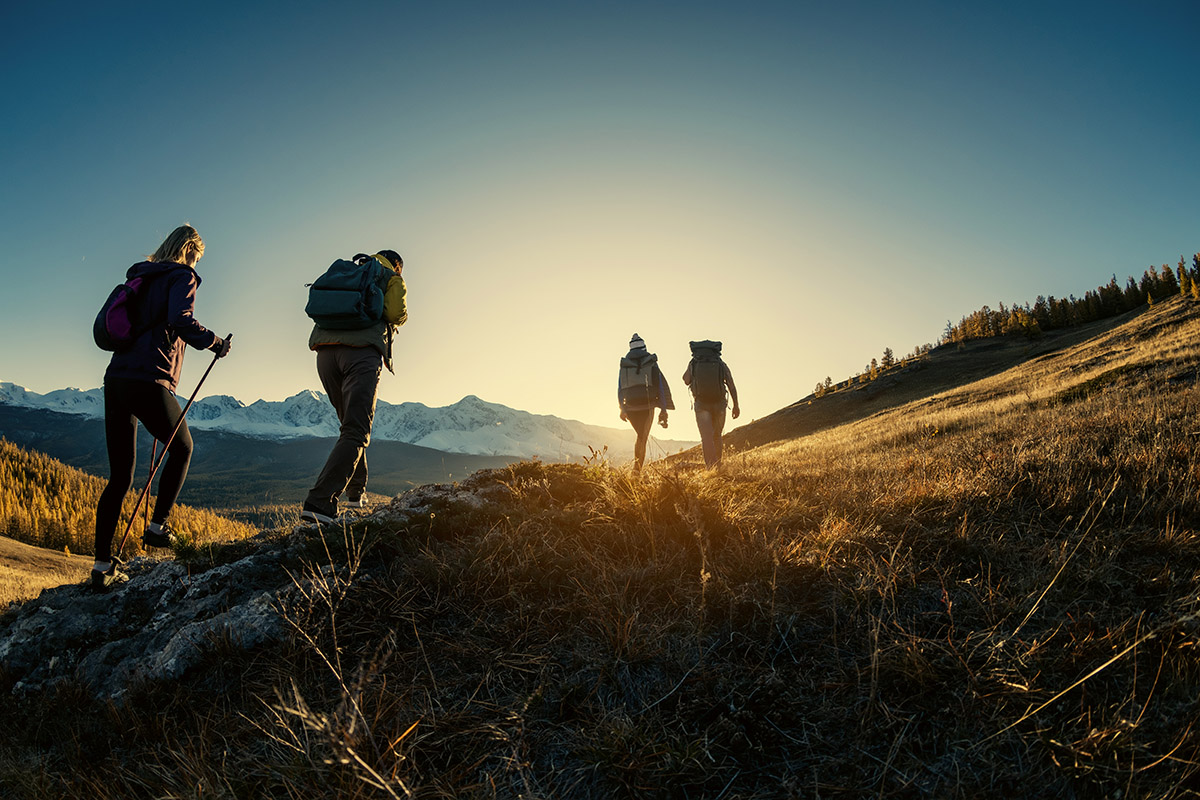 Four people are silhouetted as they hike up a hill.