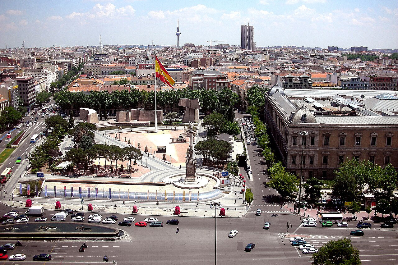 Aerial view of city of Plaza de Colón in Madrid, Spain