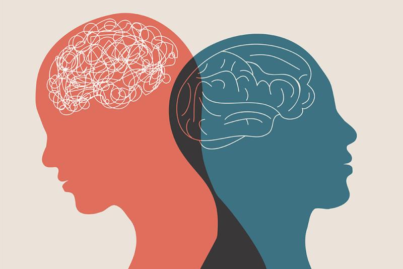 Two translucent figures, one blue and one orange, leaning against each other's backs with the outlines of their brains visible.