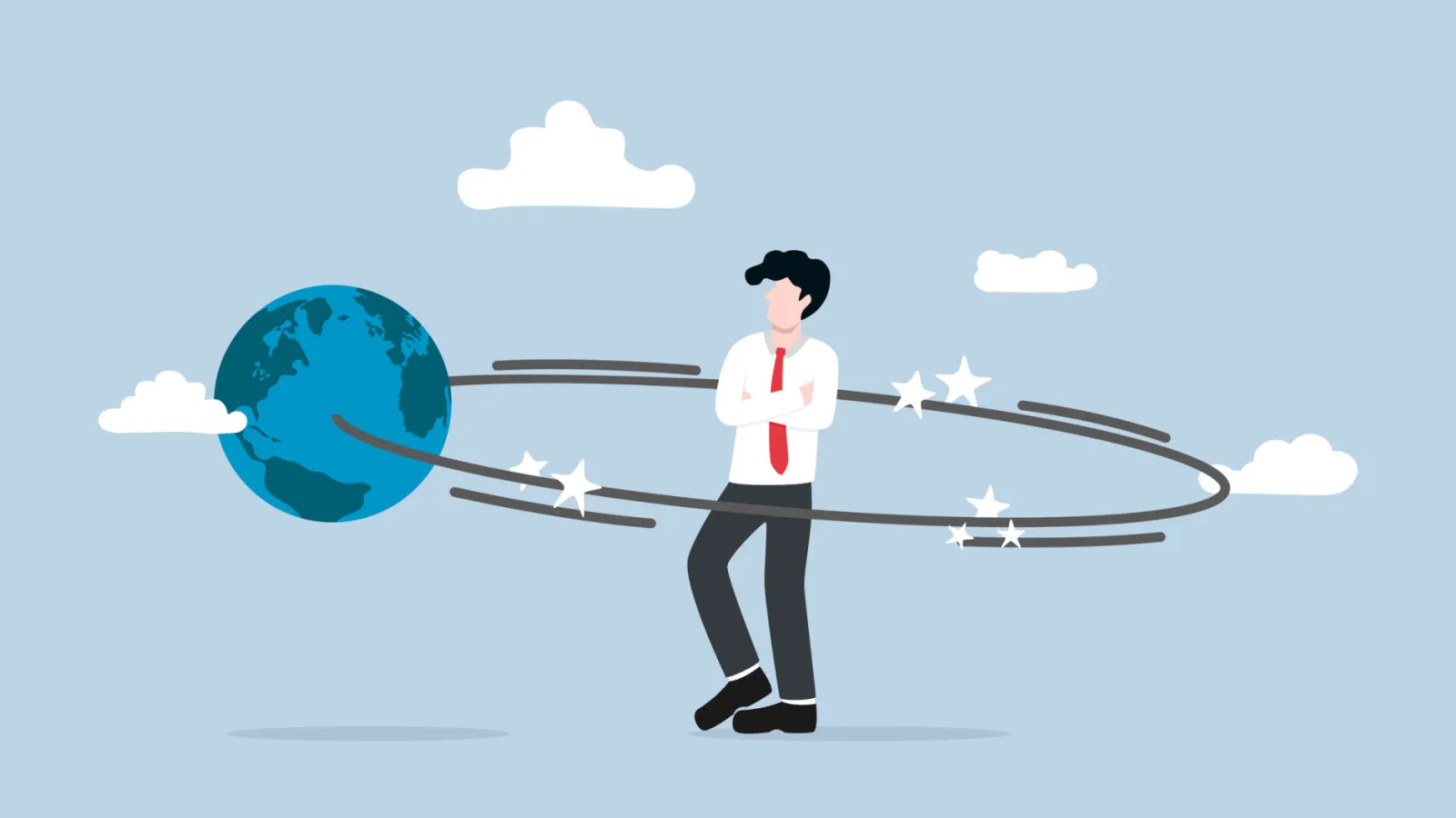 An illustration of a figure standing in the center of an orbit with the earth circling around him.