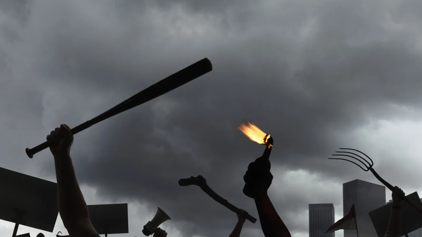 Silhouettes of arms holding up a variety of weapons against a cloudy sky.