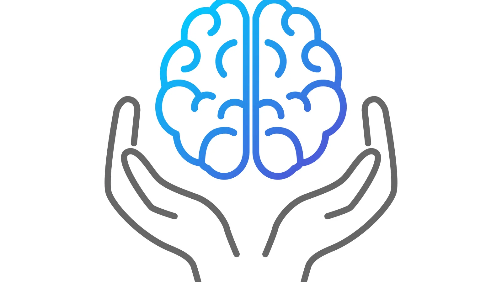 A pair of hands outlined in gray lifts up the shape of a brain outlined in blue.