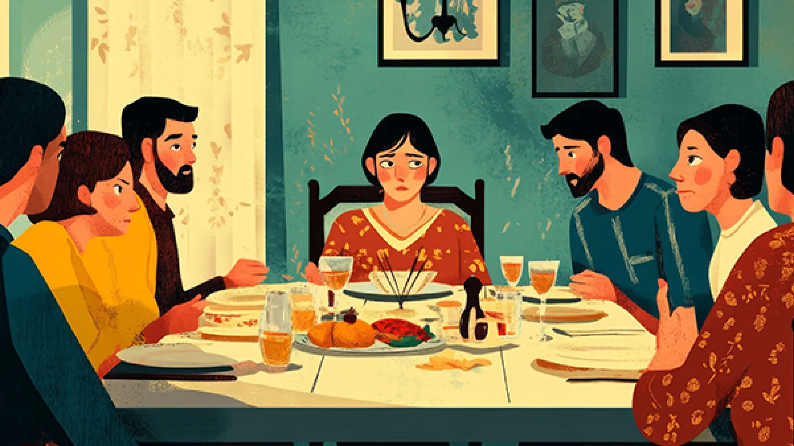 Group of people sitting around a table and looking uncomfortable