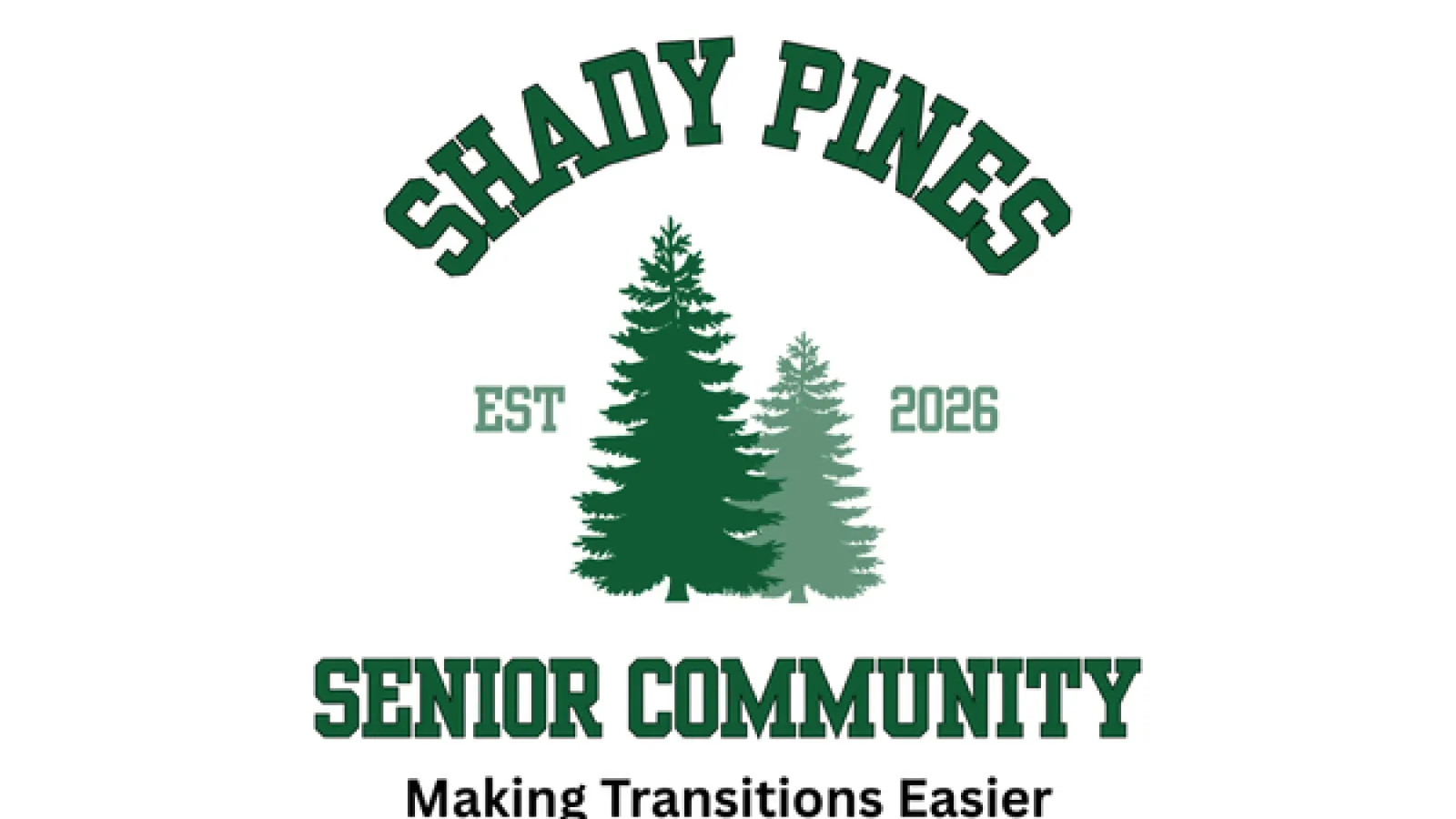 Text "Shady Pines Senior Community" with two pine trees