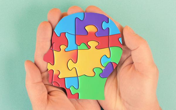 Two hands cupped together holding a multi-colored puzzle that is shaped like a human head